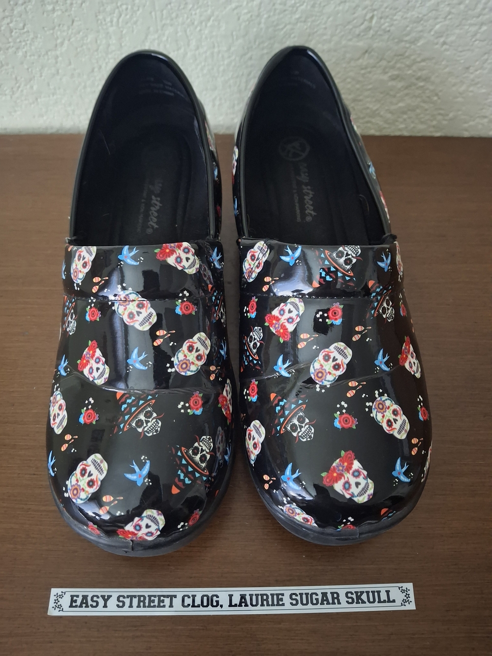 Easy Street Black Sugar Skull Slip-On Clogs with Red & Blue Accents